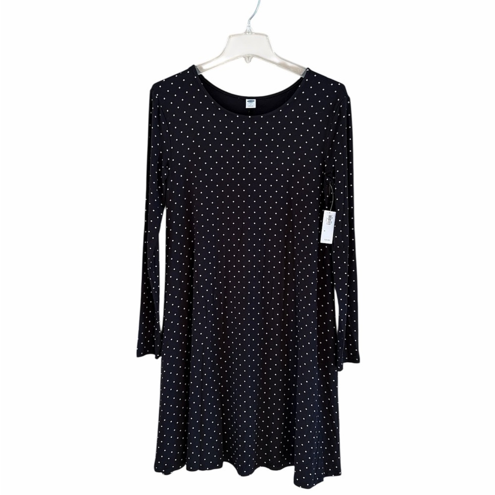 Old Navy Swing Dress White with White Dots Long Sleeves Scoop Neck Size Medium